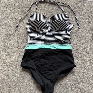 Topshop Black and Mint Striped Swimsuit